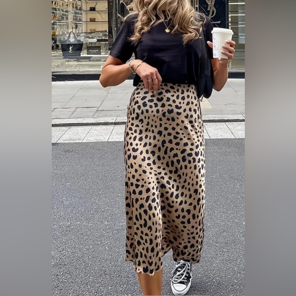 Satin Leopard Midi Skirt